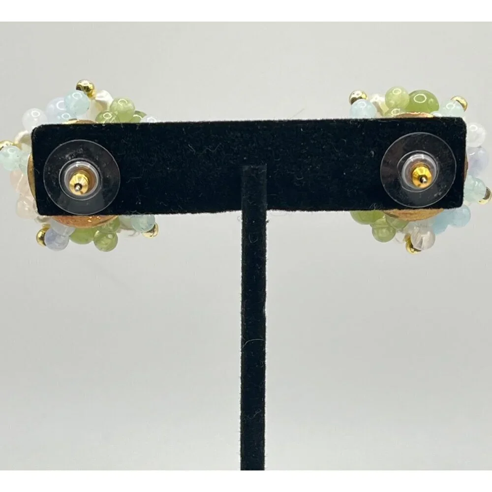 Vintage Beaded Cluster Stud Earrings Blue Green Cream Whimsical Pastel Fairycore